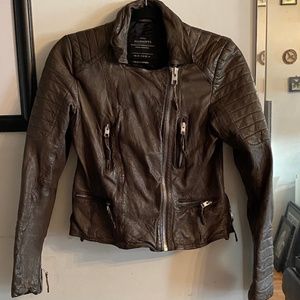 All Saints Grey Distressed Leather Biker Jacket